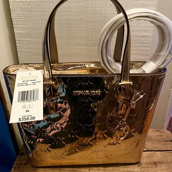 NWT Michael Kors Gold Logo Tote Crossbody Bag - Picture 5 of 6